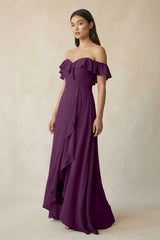 Ruffled Off-the-Shoulder A-Line Chiffon Bridesmaid Dress in Fig | KISSBRIDAL
