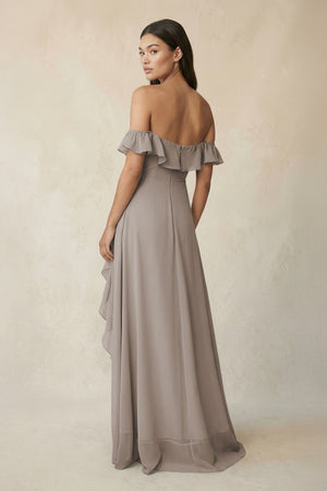 Ruffled Off-the-Shoulder A-Line Chiffon Bridesmaid Dress in Frost (2) | KISSBRIDAL