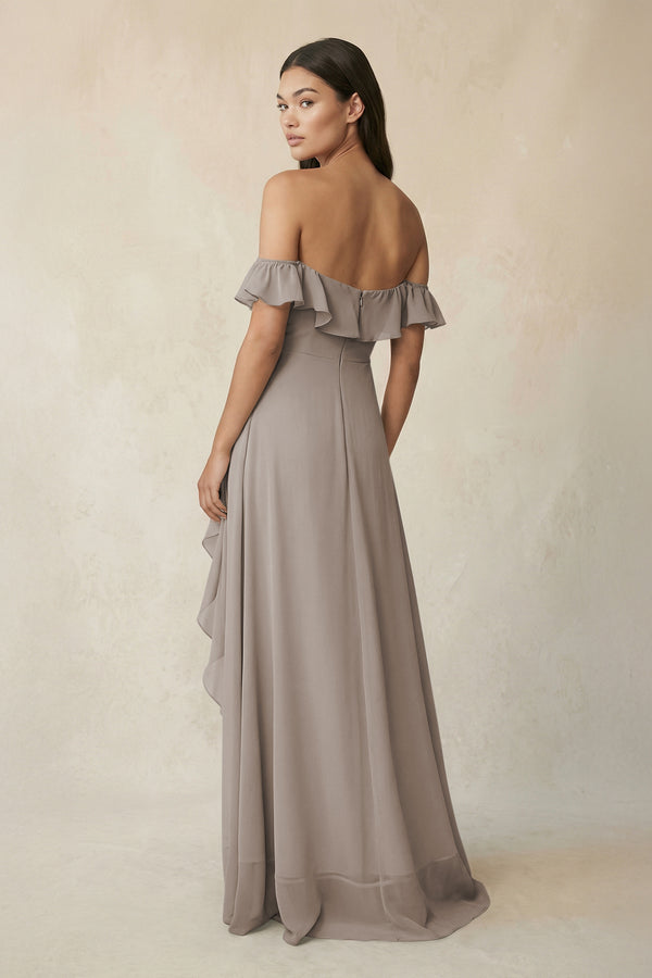 Ruffled Off-the-Shoulder A-Line Chiffon Bridesmaid Dress in Frost (2) | KISSBRIDAL