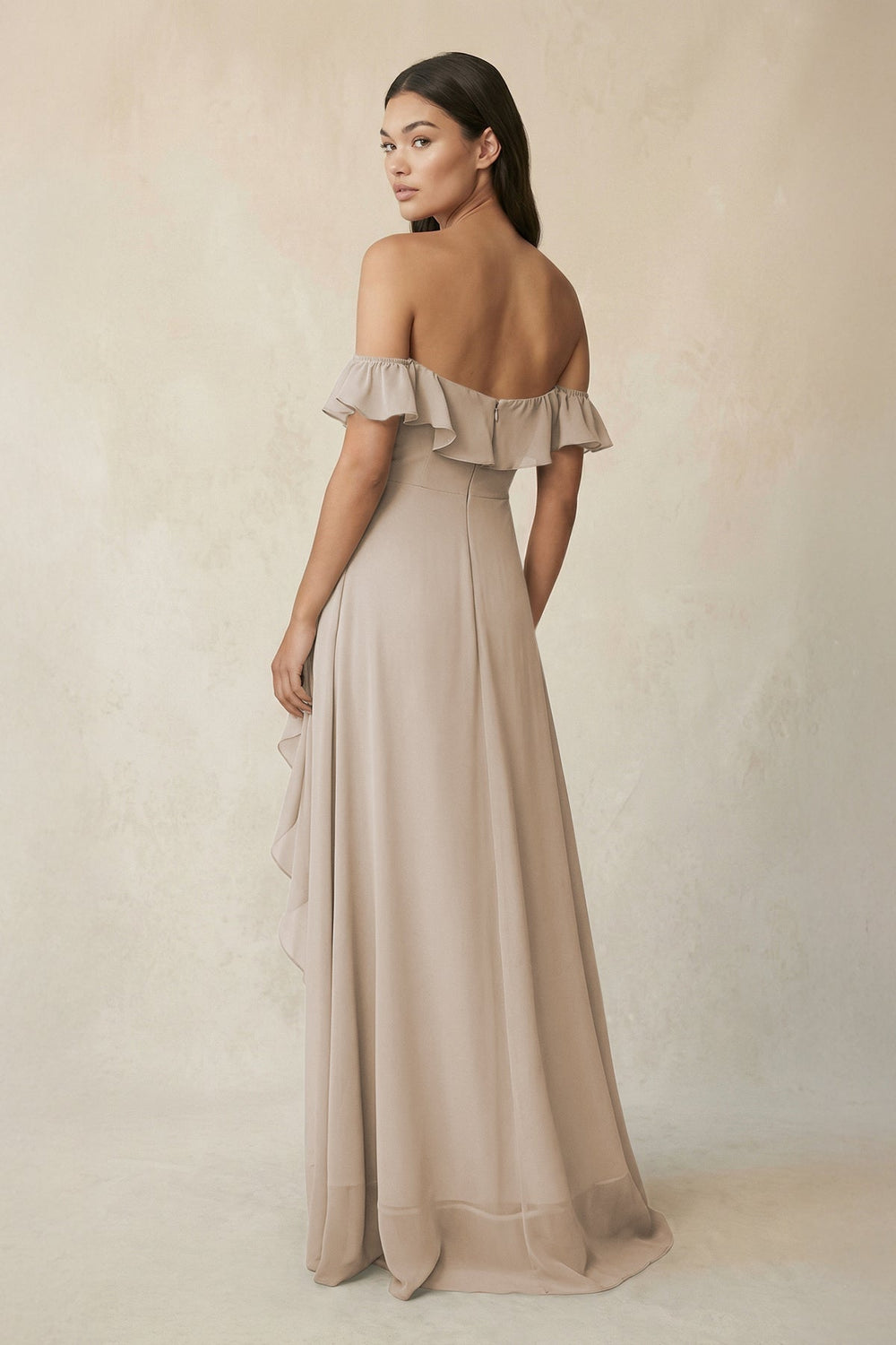 Ruffled Off-the-Shoulder A-Line Chiffon Bridesmaid Dress in Frost - KISS BRIDAL BRIDESMAID DRESSES