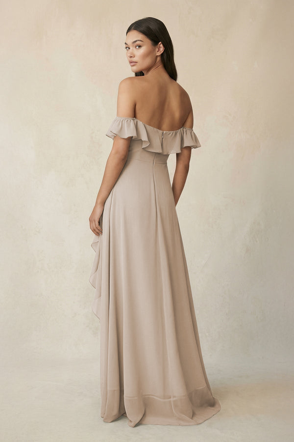 Ruffled Off-the-Shoulder A-Line Chiffon Bridesmaid Dress in Frost - SHE IS ME BRIDESMAID DRESSES