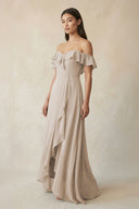Ruffled Off-the-Shoulder A-Line Chiffon Bridesmaid Dress in Frost - SHE IS ME BRIDESMAID DRESSES
