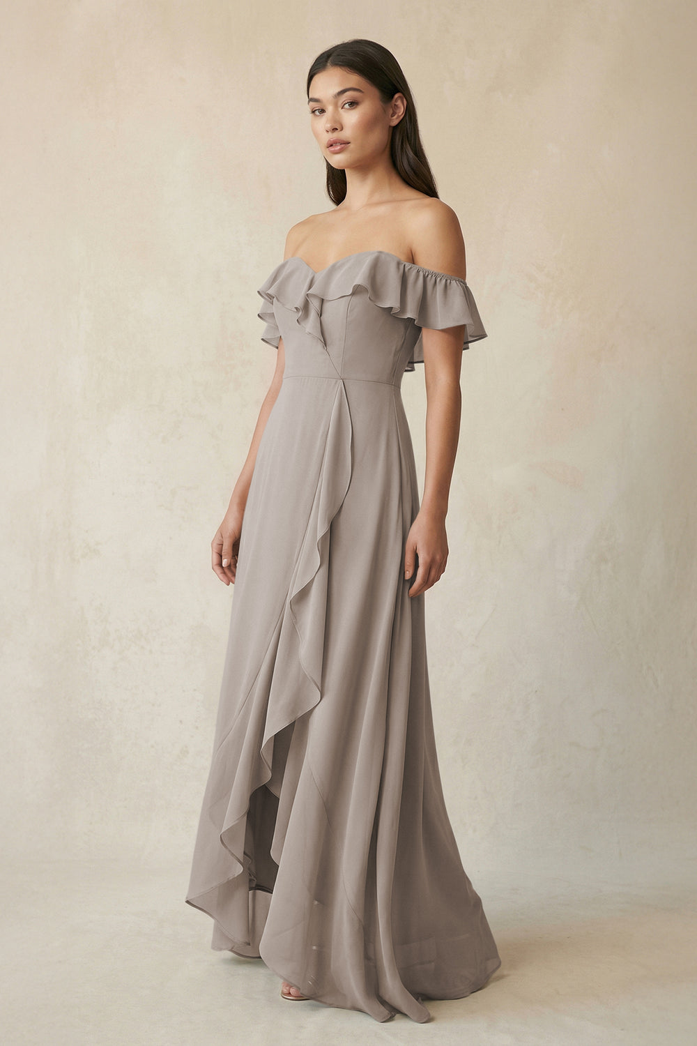 Ruffled Off-the-Shoulder A-Line Chiffon Bridesmaid Dress in Frost