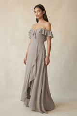 Ruffled Off-the-Shoulder A-Line Chiffon Bridesmaid Dress in Frost | KISSBRIDAL