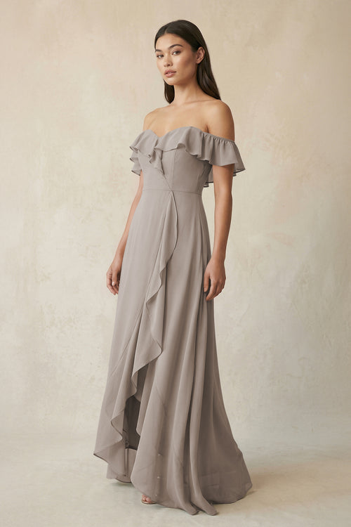 Ruffled Off-the-Shoulder A-Line Chiffon Bridesmaid Dress in Frost | KISSBRIDAL