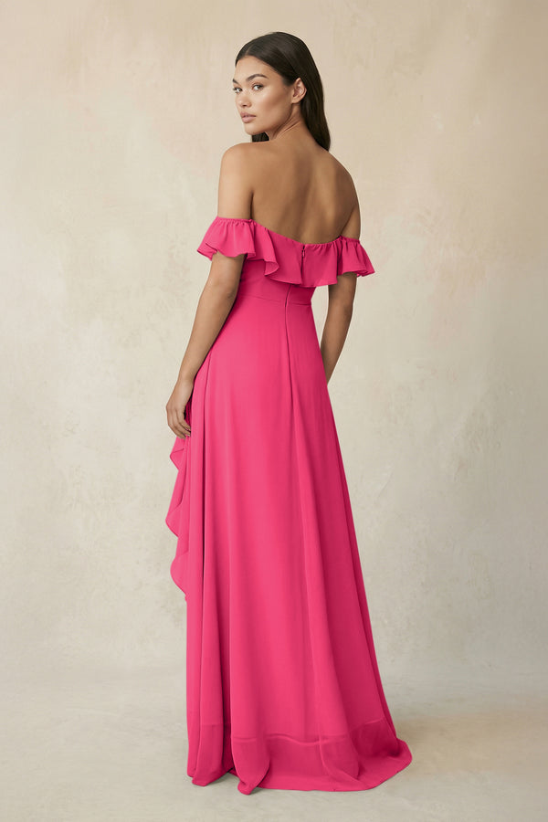 Ruffled Off-the-Shoulder A-Line Chiffon Bridesmaid Dress in Fuchsia (2) | KISSBRIDAL