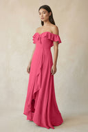 Ruffled Off-the-Shoulder A-Line Chiffon Bridesmaid Dress in Fuchsia - SHE IS ME BRIDESMAID DRESSES