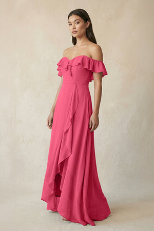 Ruffled Off-the-Shoulder A-Line Chiffon Bridesmaid Dress in Fuchsia - SHE IS ME BRIDESMAID DRESSES