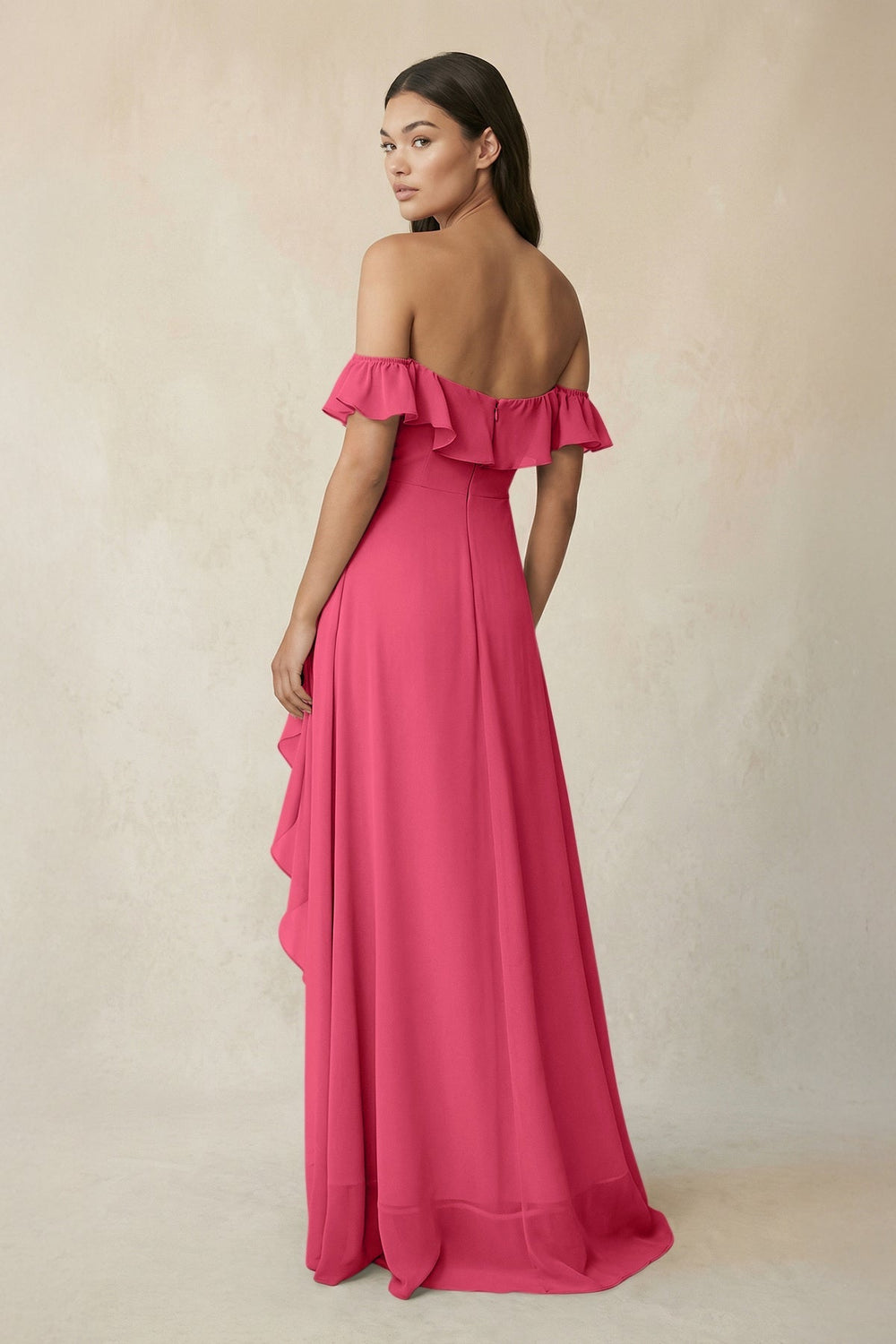 Ruffled Off-the-Shoulder A-Line Chiffon Bridesmaid Dress in Fuchsia - KISS BRIDAL BRIDESMAID DRESSES