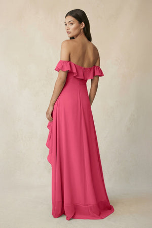 Ruffled Off-the-Shoulder A-Line Chiffon Bridesmaid Dress in Fuchsia - SHE IS ME BRIDESMAID DRESSES