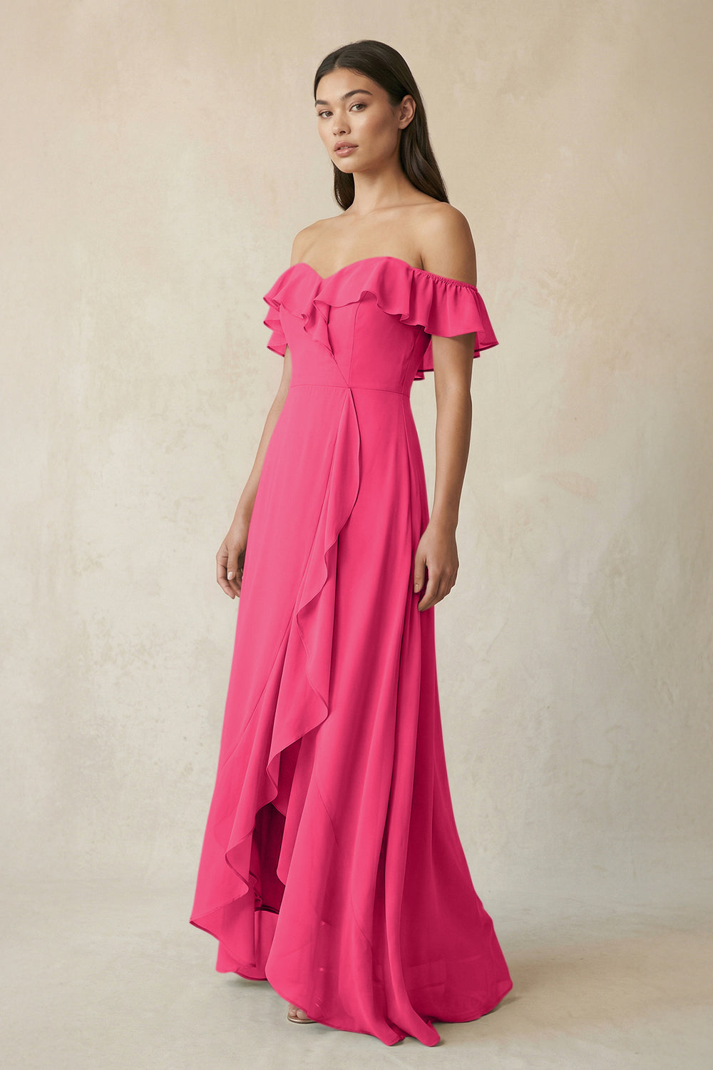 Ruffled Off-the-Shoulder A-Line Chiffon Bridesmaid Dress in Fuchsia