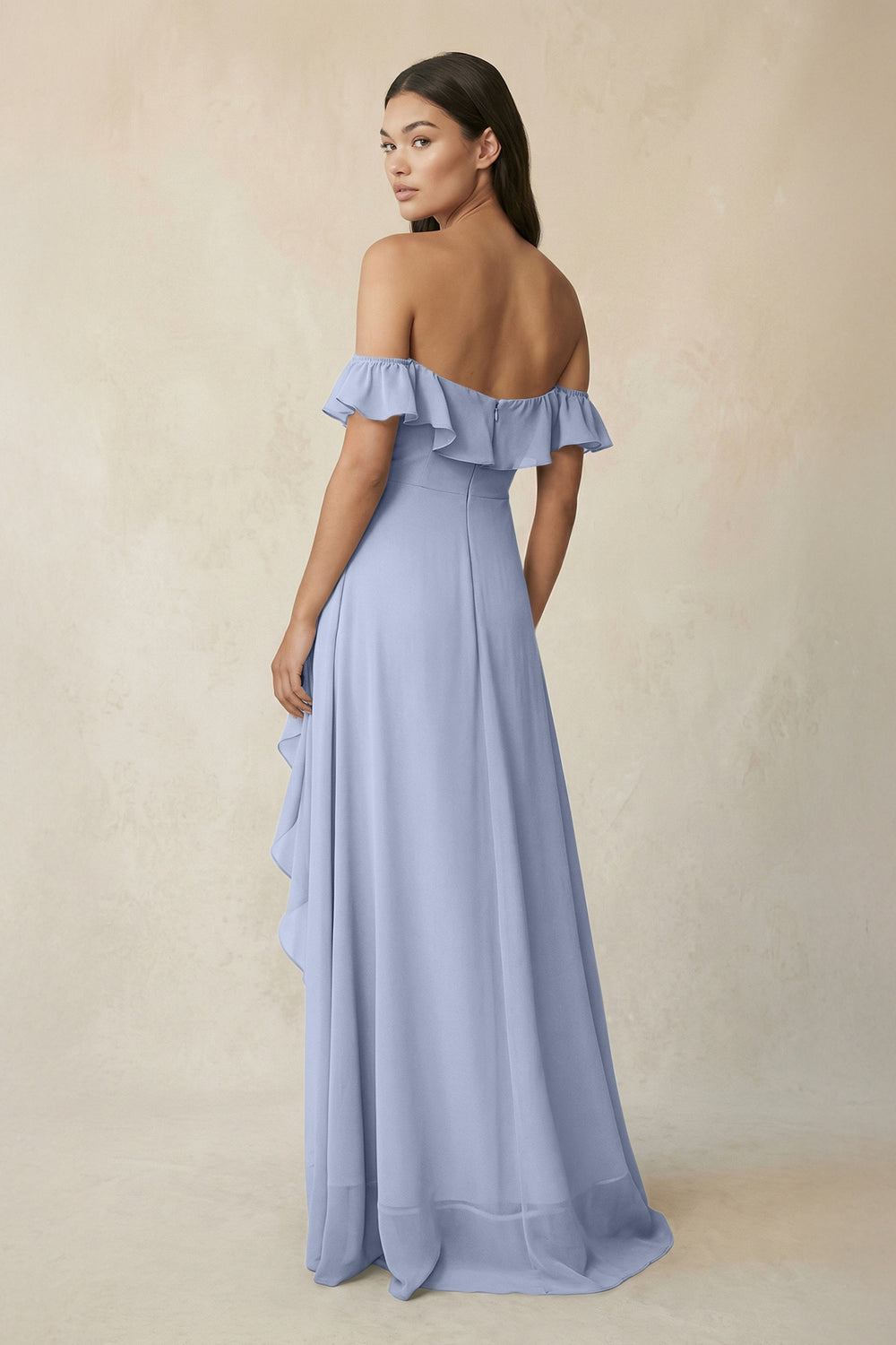 Ruffled Off-the-Shoulder A-Line Chiffon Bridesmaid Dress in Ice