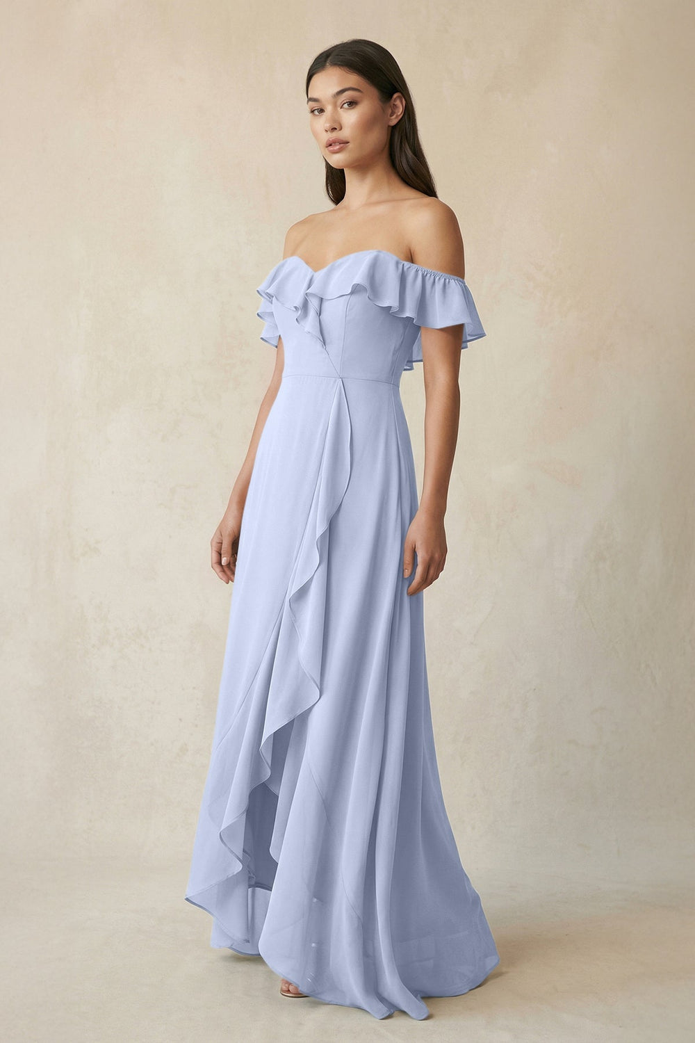 Ruffled Off-the-Shoulder A-Line Chiffon Bridesmaid Dress in Ice - KISS BRIDAL BRIDESMAID DRESSES