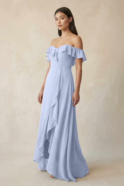 Ruffled Off-the-Shoulder A-Line Chiffon Bridesmaid Dress in Ice - SHE IS ME BRIDESMAID DRESSES
