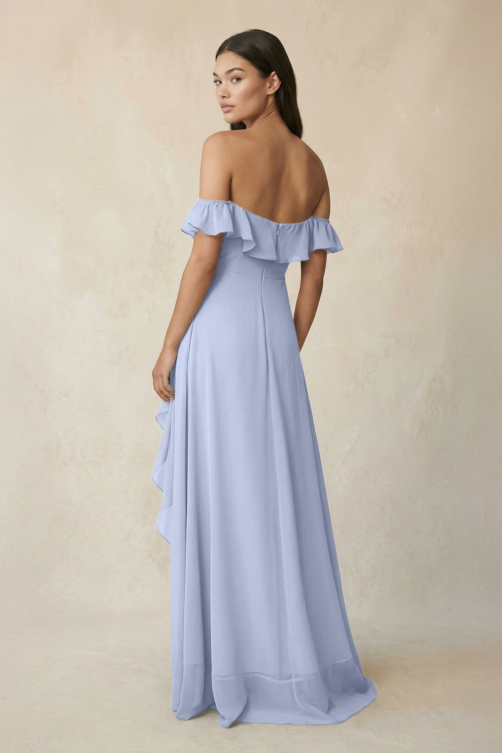 Ruffled Off-the-Shoulder A-Line Chiffon Bridesmaid Dress in Ice - KISS BRIDAL BRIDESMAID DRESSES