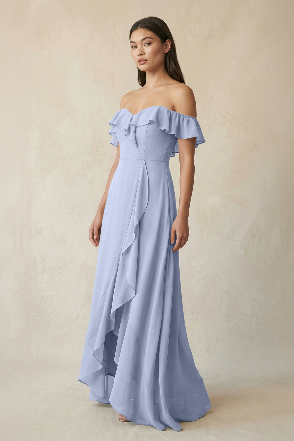 Ruffled Off-the-Shoulder A-Line Chiffon Bridesmaid Dress in Ice