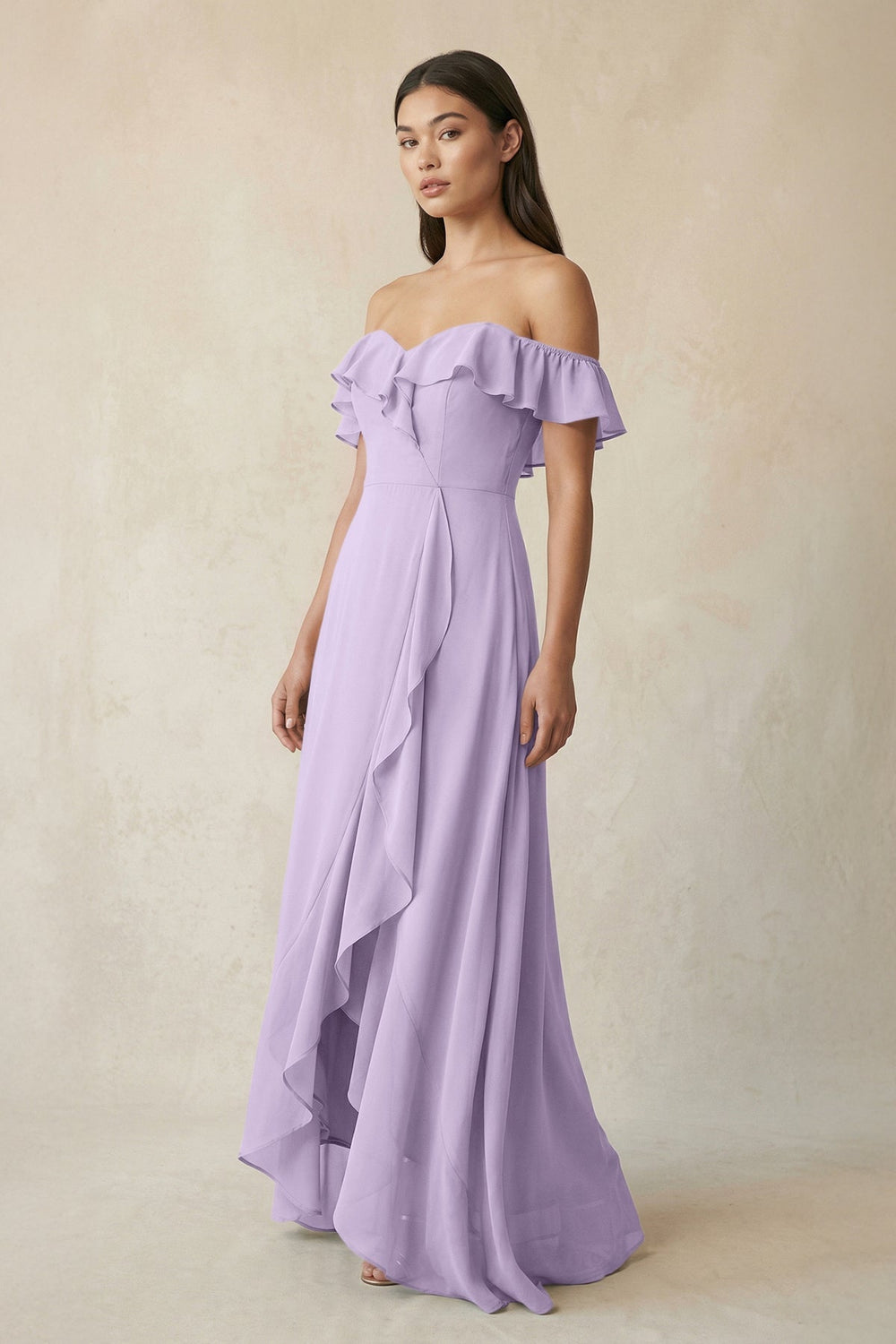 Ruffled Off-the-Shoulder A-Line Chiffon Bridesmaid Dress in Lavender - KISS BRIDAL BRIDESMAID DRESSES