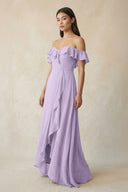 Ruffled Off-the-Shoulder A-Line Chiffon Bridesmaid Dress in Lavender - SHE IS ME BRIDESMAID DRESSES