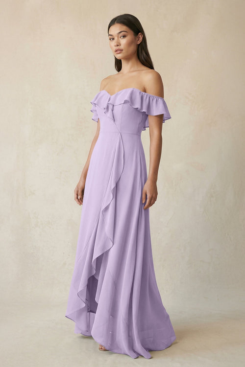 Ruffled Off-the-Shoulder A-Line Chiffon Bridesmaid Dress in Lavender - SHE IS ME BRIDESMAID DRESSES