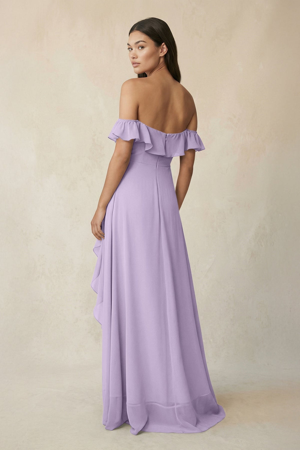Ruffled Off-the-Shoulder A-Line Chiffon Bridesmaid Dress in Lavender - KISS BRIDAL BRIDESMAID DRESSES
