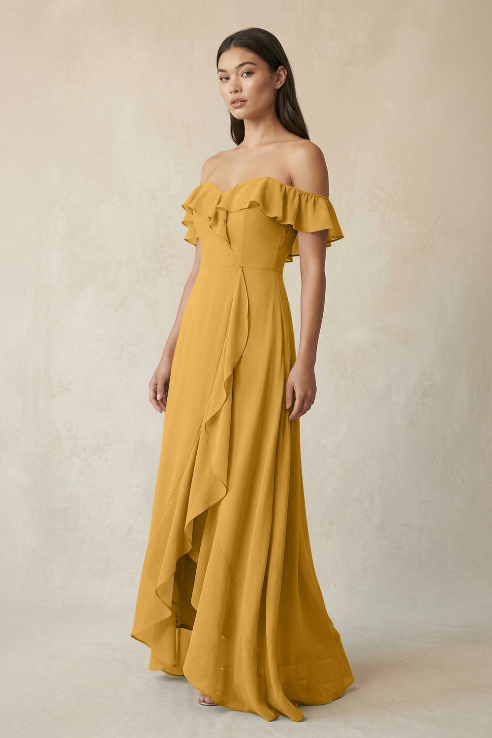 Ruffled Off-the-Shoulder A-Line Chiffon Bridesmaid Dress in Marigold - KISS BRIDAL BRIDESMAID DRESSES