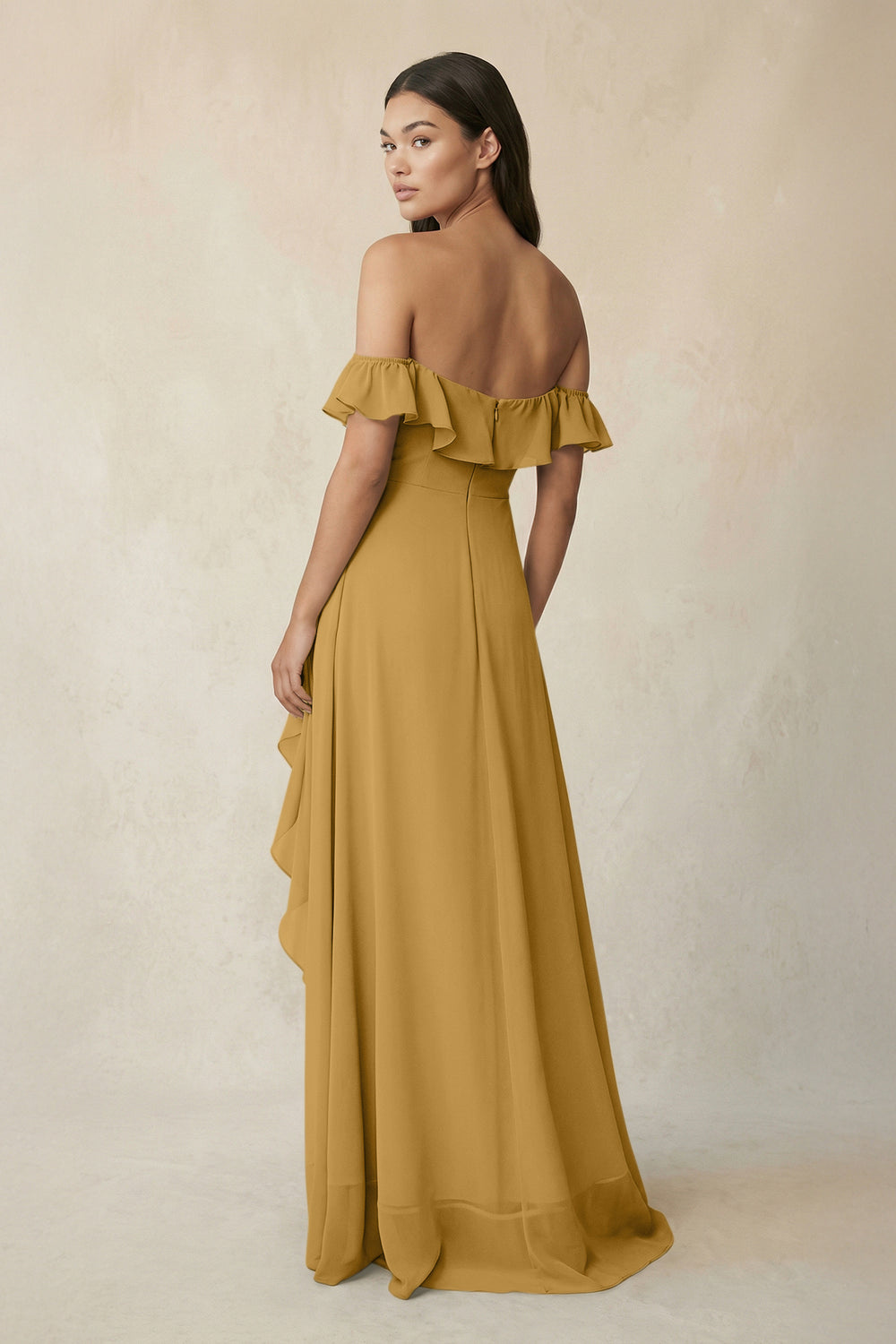 Ruffled Off-the-Shoulder A-Line Chiffon Bridesmaid Dress in Marigold