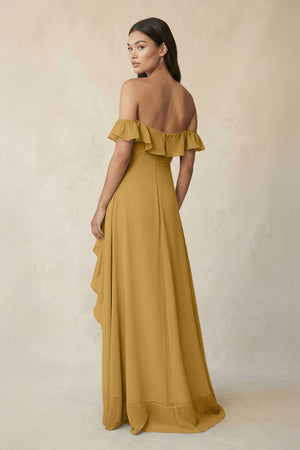 Ruffled Off-the-Shoulder A-Line Chiffon Bridesmaid Dress in Marigold (2) | KISSBRIDAL