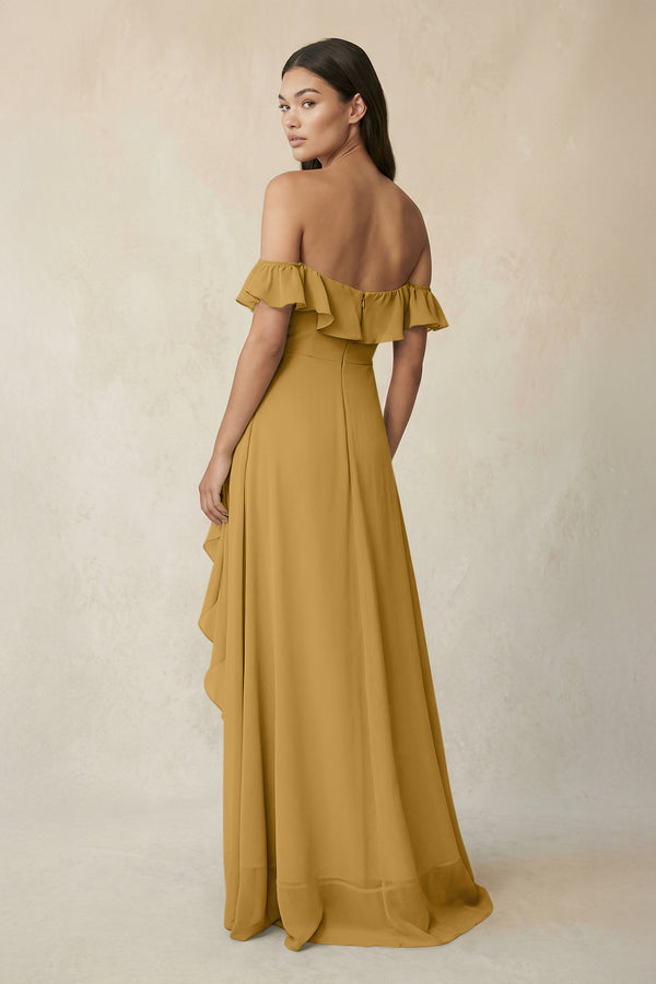 Ruffled Off-the-Shoulder A-Line Chiffon Bridesmaid Dress in Marigold (2) | KISSBRIDAL