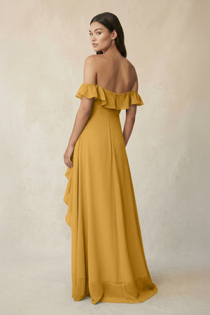 Ruffled Off-the-Shoulder A-Line Chiffon Bridesmaid Dress in Marigold - SHE IS ME BRIDESMAID DRESSES
