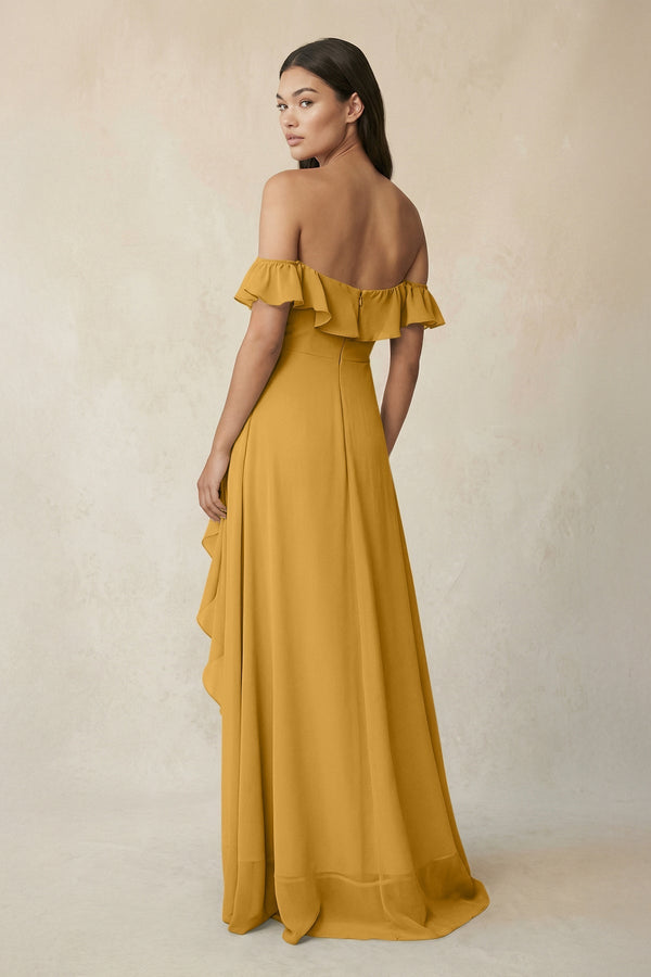 Ruffled Off-the-Shoulder A-Line Chiffon Bridesmaid Dress in Marigold - SHE IS ME BRIDESMAID DRESSES