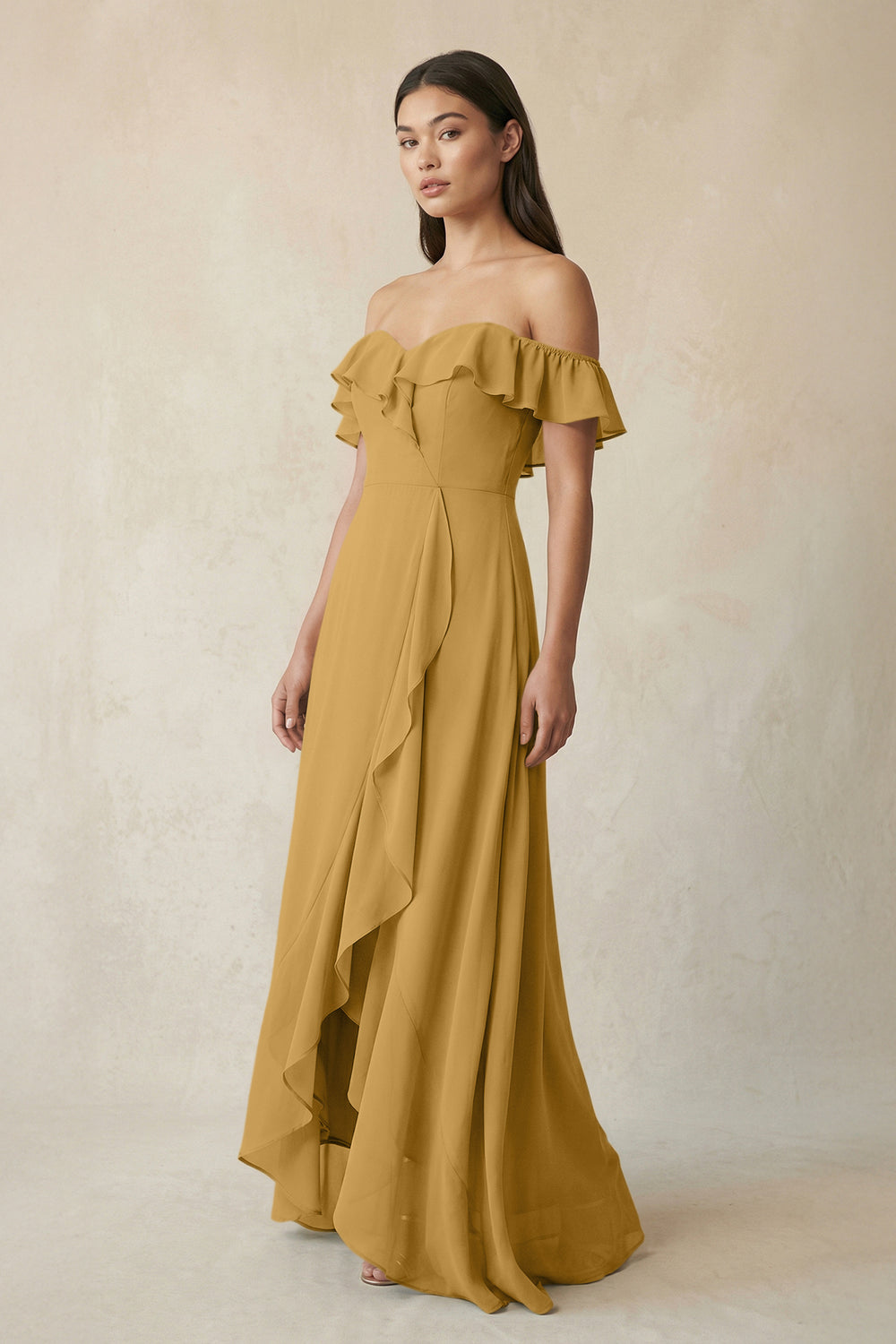 Ruffled Off-the-Shoulder A-Line Chiffon Bridesmaid Dress in Marigold