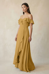 Ruffled Off-the-Shoulder A-Line Chiffon Bridesmaid Dress in Marigold | KISSBRIDAL