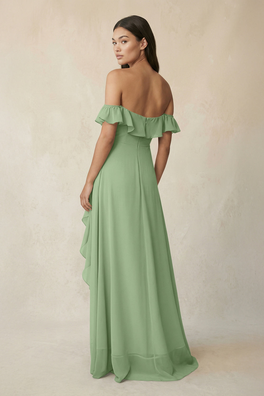 Ruffled Off-the-Shoulder A-Line Chiffon Bridesmaid Dress in Matcha
