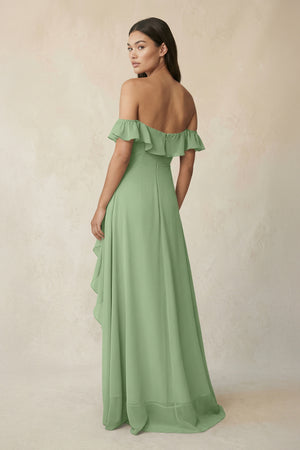 Ruffled Off-the-Shoulder A-Line Chiffon Bridesmaid Dress in Matcha (2) | KISSBRIDAL