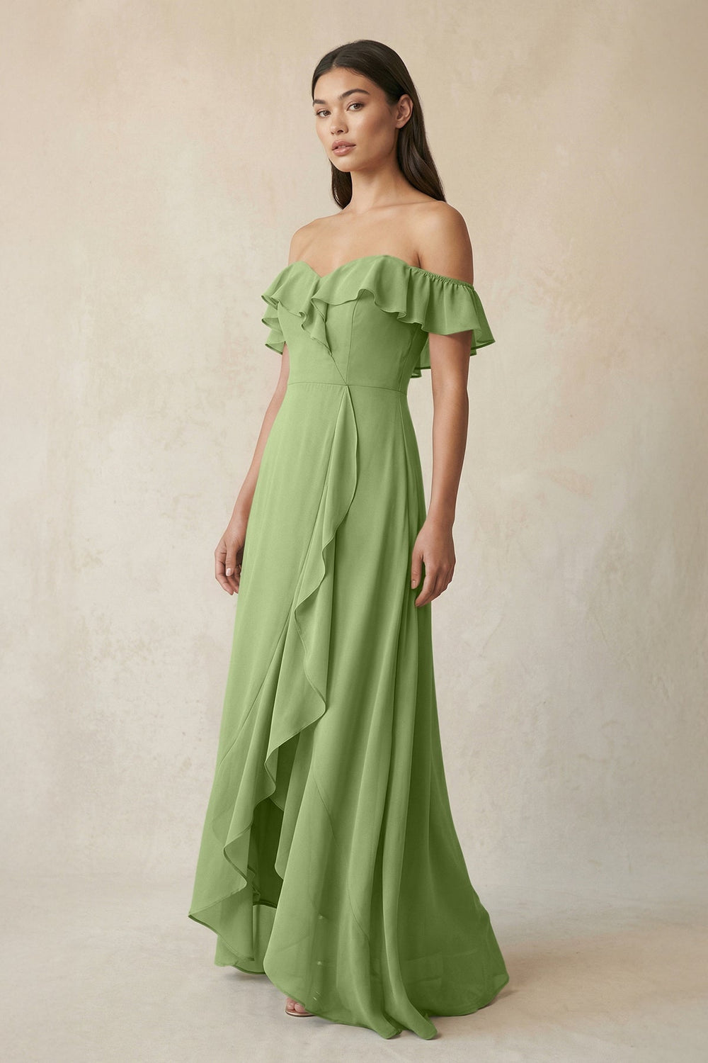 Ruffled Off-the-Shoulder A-Line Chiffon Bridesmaid Dress in Matcha - KISS BRIDAL BRIDESMAID DRESSES