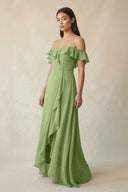 Ruffled Off-the-Shoulder A-Line Chiffon Bridesmaid Dress in Matcha - SHE IS ME BRIDESMAID DRESSES