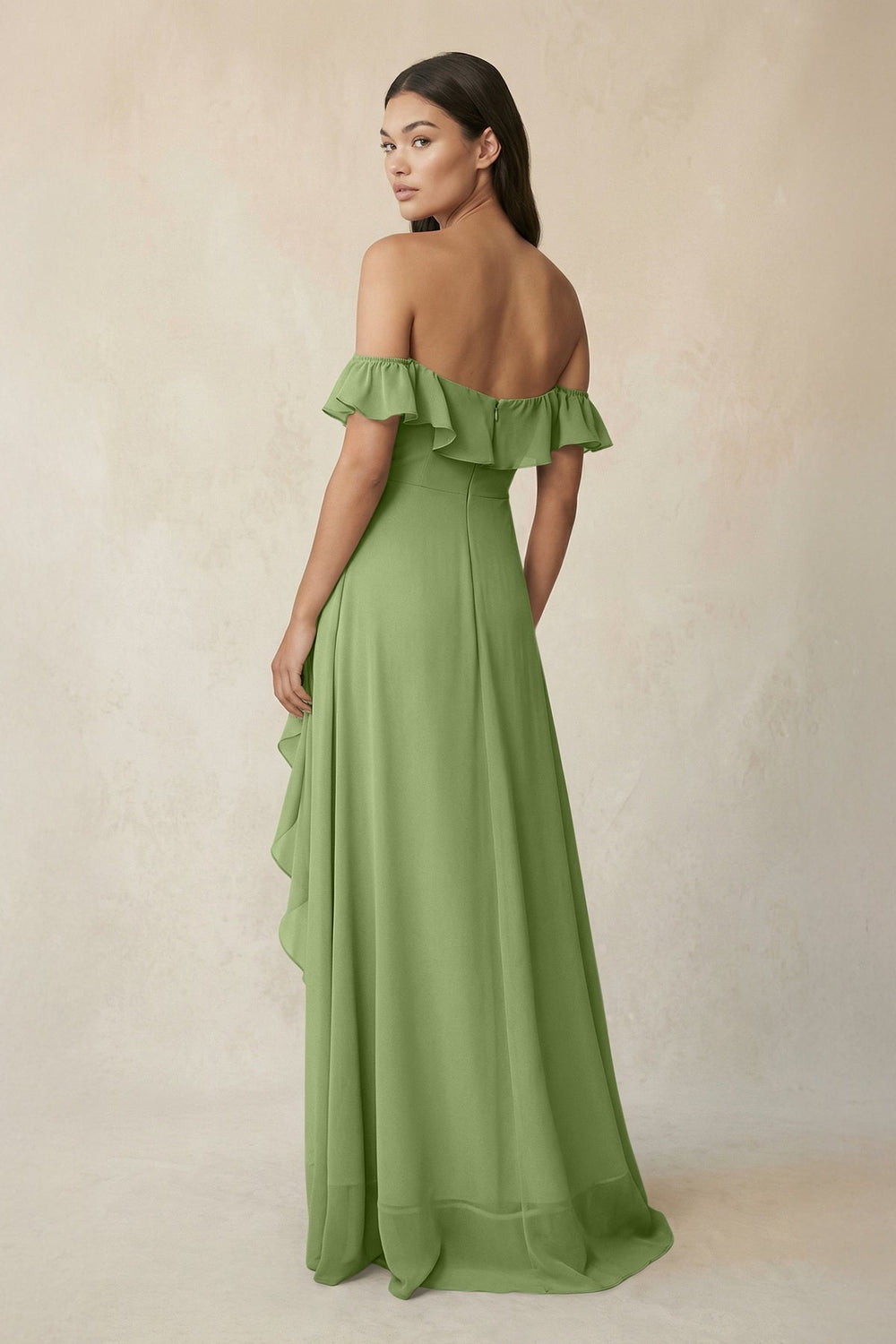 Ruffled Off-the-Shoulder A-Line Chiffon Bridesmaid Dress in Matcha - KISS BRIDAL BRIDESMAID DRESSES
