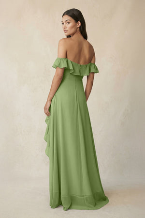 Ruffled Off-the-Shoulder A-Line Chiffon Bridesmaid Dress in Matcha - SHE IS ME BRIDESMAID DRESSES