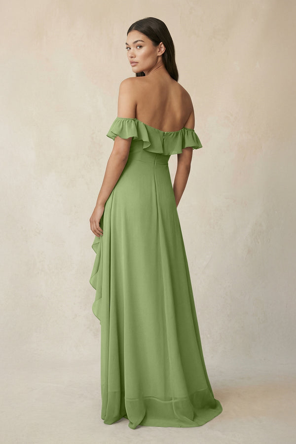 Ruffled Off-the-Shoulder A-Line Chiffon Bridesmaid Dress in Matcha - SHE IS ME BRIDESMAID DRESSES