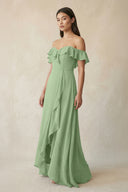 Ruffled Off-the-Shoulder A-Line Chiffon Bridesmaid Dress in Matcha | KISSBRIDAL