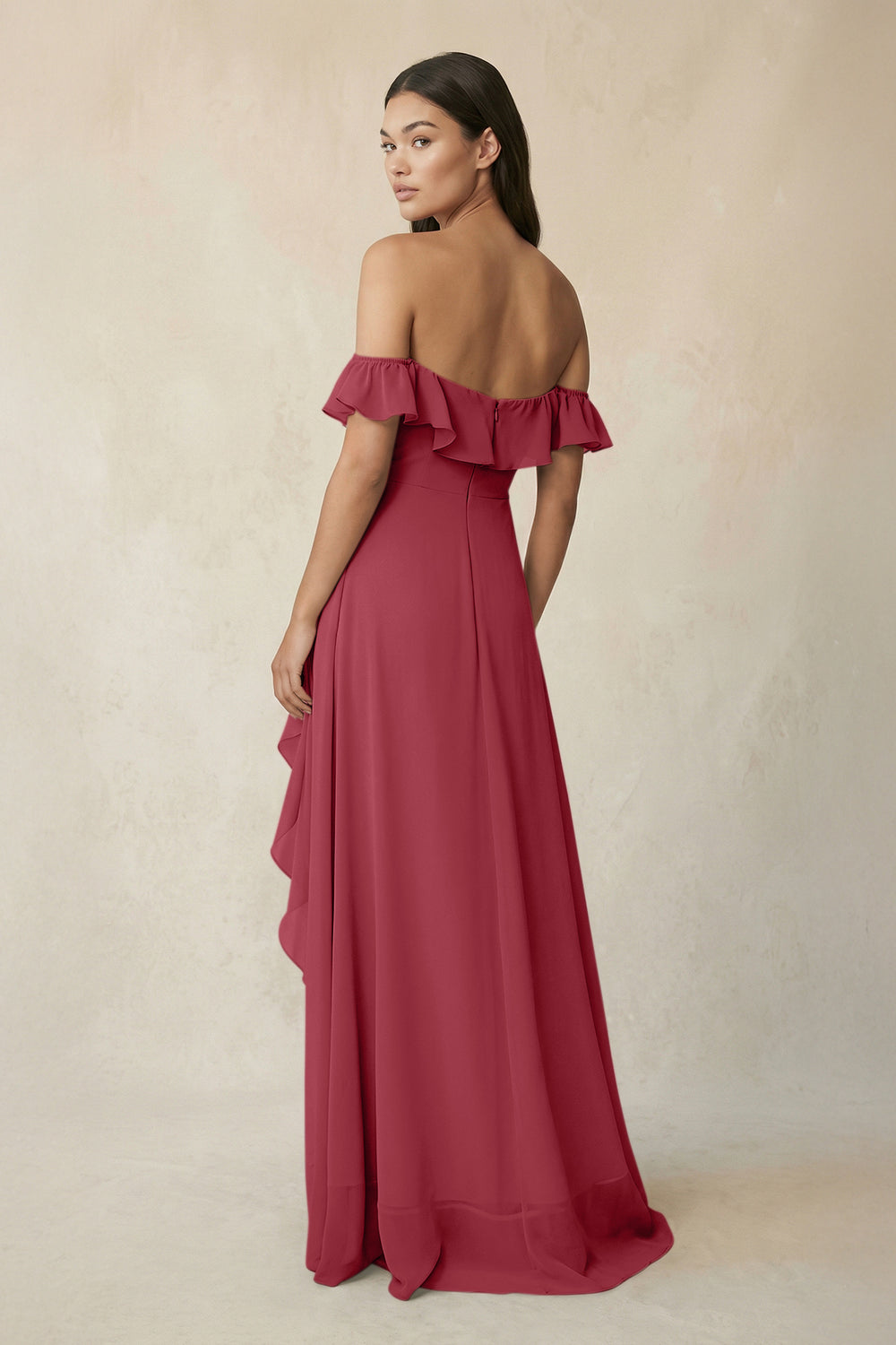 Ruffled Off-the-Shoulder A-Line Chiffon Bridesmaid Dress in Merlot