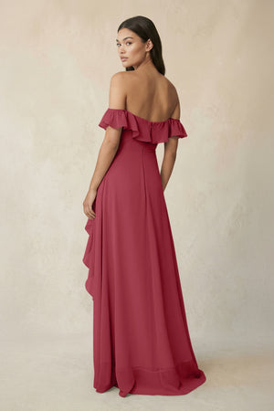 Ruffled Off-the-Shoulder A-Line Chiffon Bridesmaid Dress in Merlot (2) | KISSBRIDAL