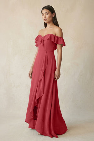 Ruffled Off-the-Shoulder A-Line Chiffon Bridesmaid Dress in Merlot - SHE IS ME BRIDESMAID DRESSES