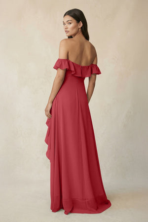 Ruffled Off-the-Shoulder A-Line Chiffon Bridesmaid Dress in Merlot - SHE IS ME BRIDESMAID DRESSES