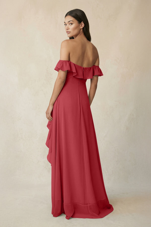 Ruffled Off-the-Shoulder A-Line Chiffon Bridesmaid Dress in Merlot - SHE IS ME BRIDESMAID DRESSES
