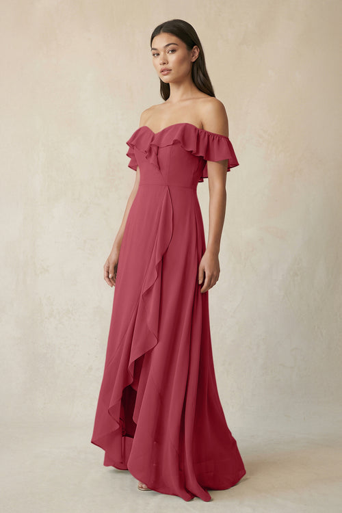 Ruffled Off-the-Shoulder A-Line Chiffon Bridesmaid Dress in Merlot | KISSBRIDAL