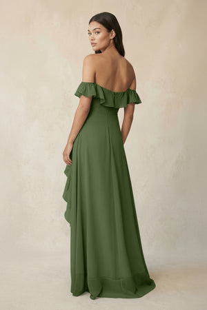 Ruffled Off-the-Shoulder A-Line Chiffon Bridesmaid Dress in Moss (2) | KISSBRIDAL