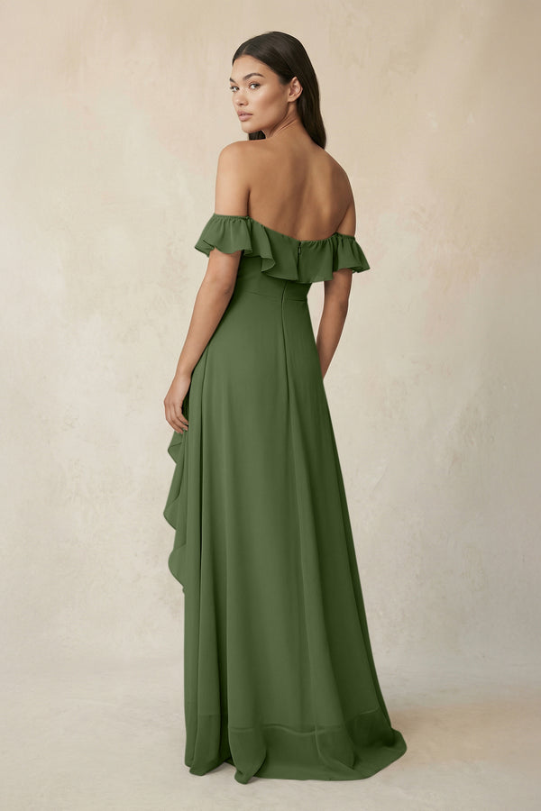 Ruffled Off-the-Shoulder A-Line Chiffon Bridesmaid Dress in Moss (2) | KISSBRIDAL