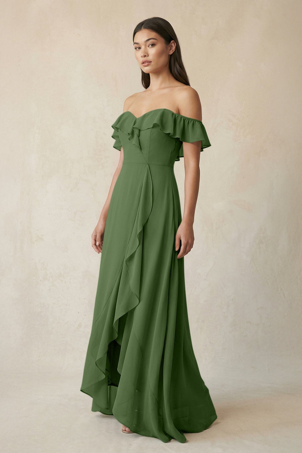 Ruffled Off-the-Shoulder A-Line Chiffon Bridesmaid Dress in Moss - KISS BRIDAL BRIDESMAID DRESSES