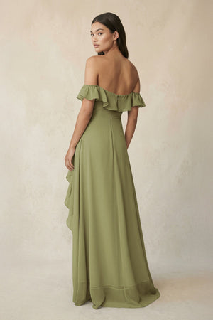 Ruffled Off-the-Shoulder A-Line Chiffon Bridesmaid Dress in Moss Green - SHE IS ME BRIDESMAID DRESSES